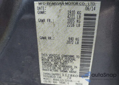 2015 Nissan Altima 2.5 Sv из США, поврежденный, VIN 1N4AL3AP8FC112860